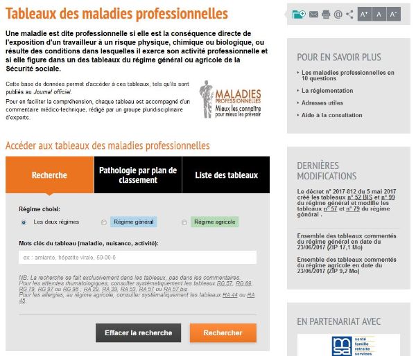 Tableau des maladies professionnelles