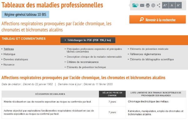 Tableaux des maladies professionnelles