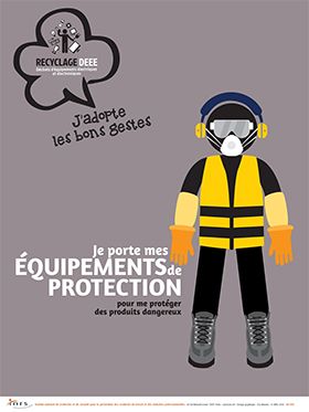 Recyclage DEEE. Déchets d\'équipements électriques et électroniques. Je porte mes équipements de protection pour me protéger des produits dangereux